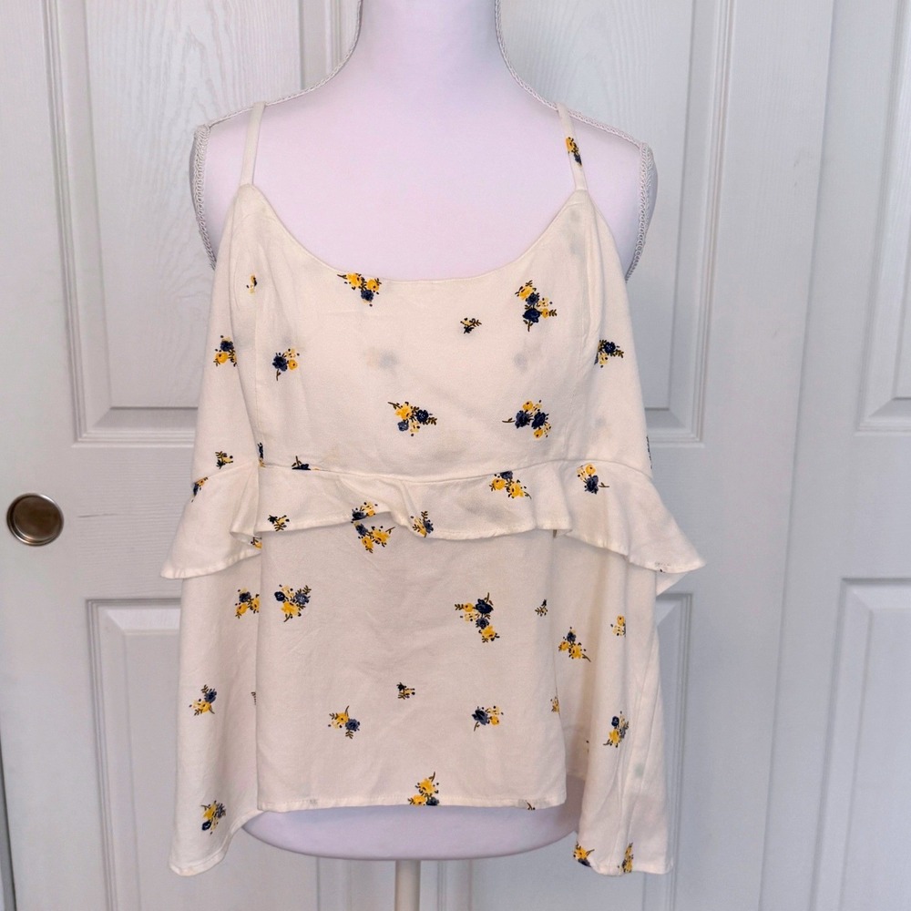 Old Navy Floral Cami Top Womens Large White Blue Yellow Ruffle Adjustable Straps